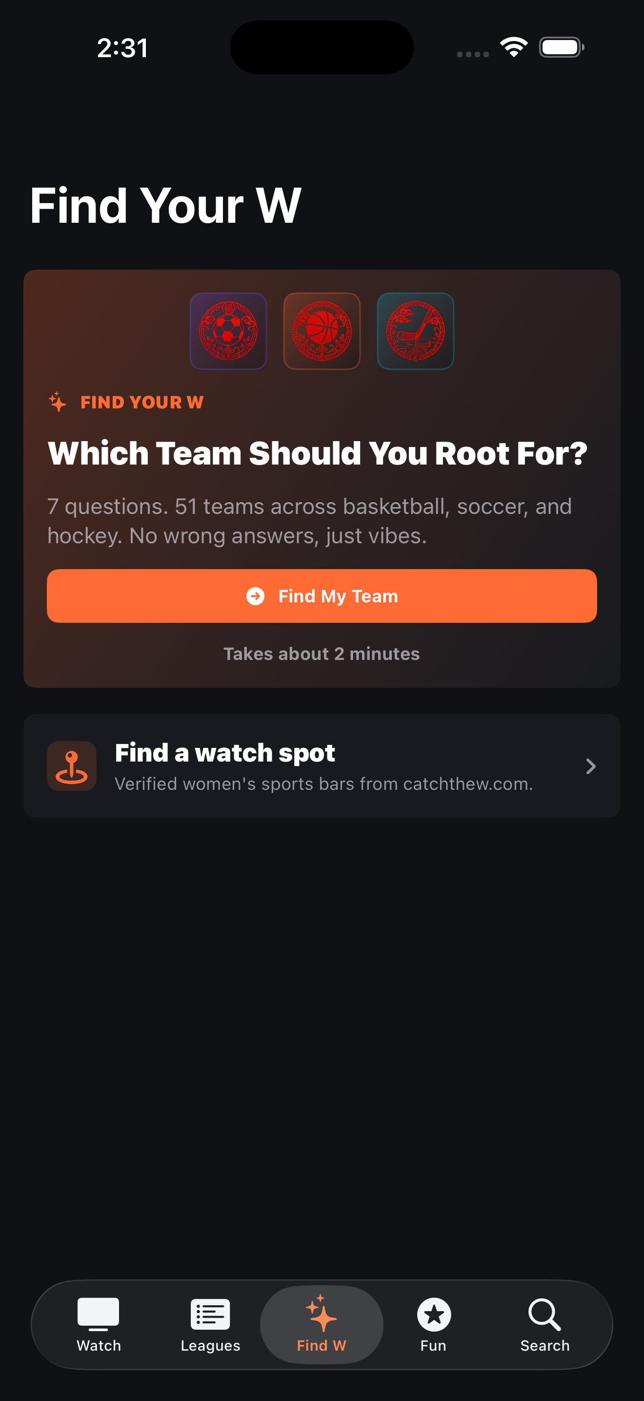 Catch the W iPhone app showing the Find Your W screen